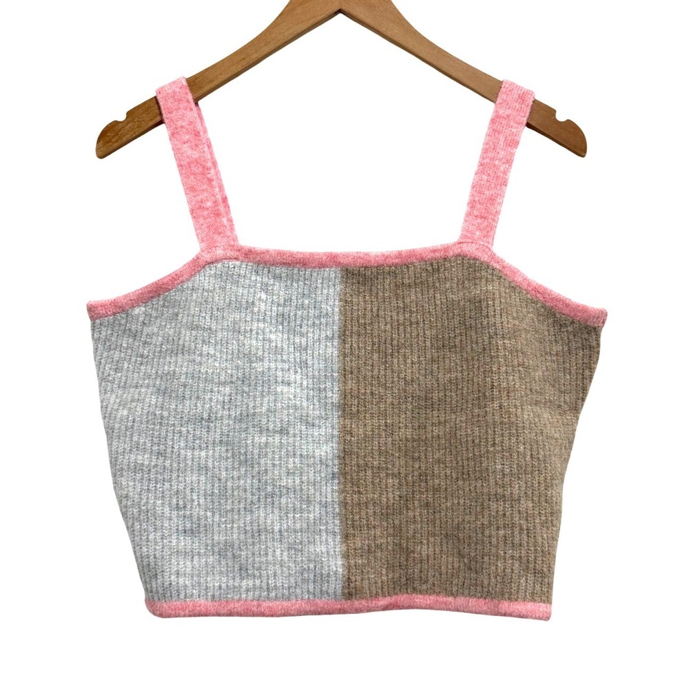Saturday Sunday Anthropologie Colorblock Knit Crop Tank Top Pink Grey Tan Large